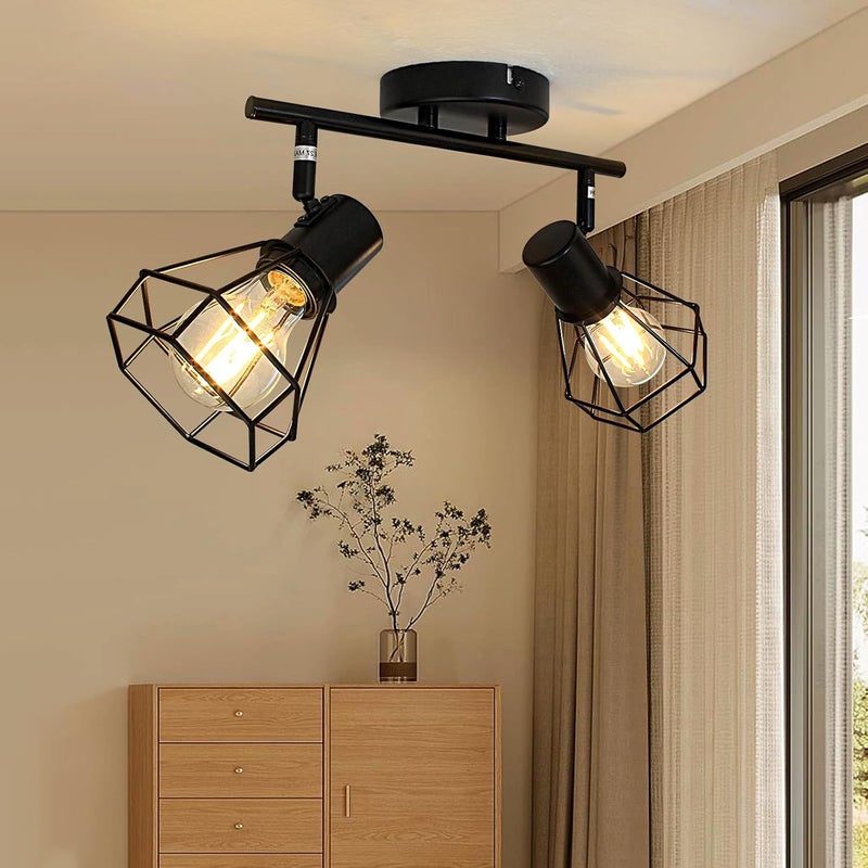LTBLIGHT LED Track Lighting Kit, 2-Light Directional Ceiling Light Fixture, Black Metal Wire Cage Ceiling Spot Lighting Fitting for Kitchen, Bedroom, Art Wall, E26 Base, Bulbs Not Included - Image 1